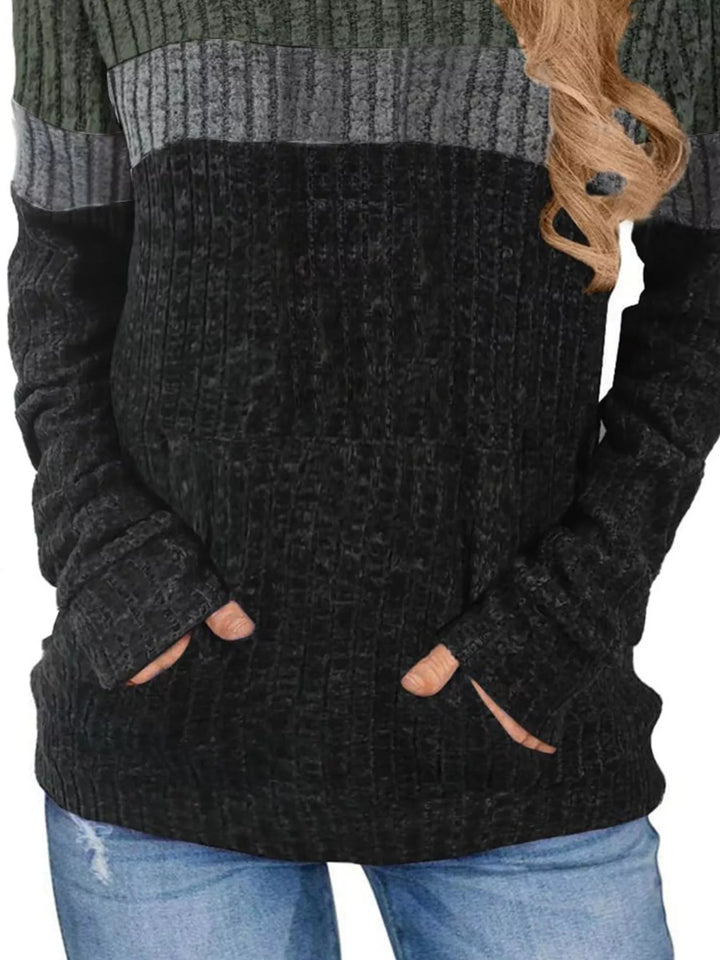 Color block ribbed knit hoodie with kangaroo pocket