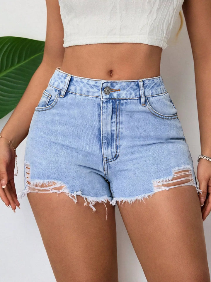 Blue High-rise distressed denim shorts with raw hem