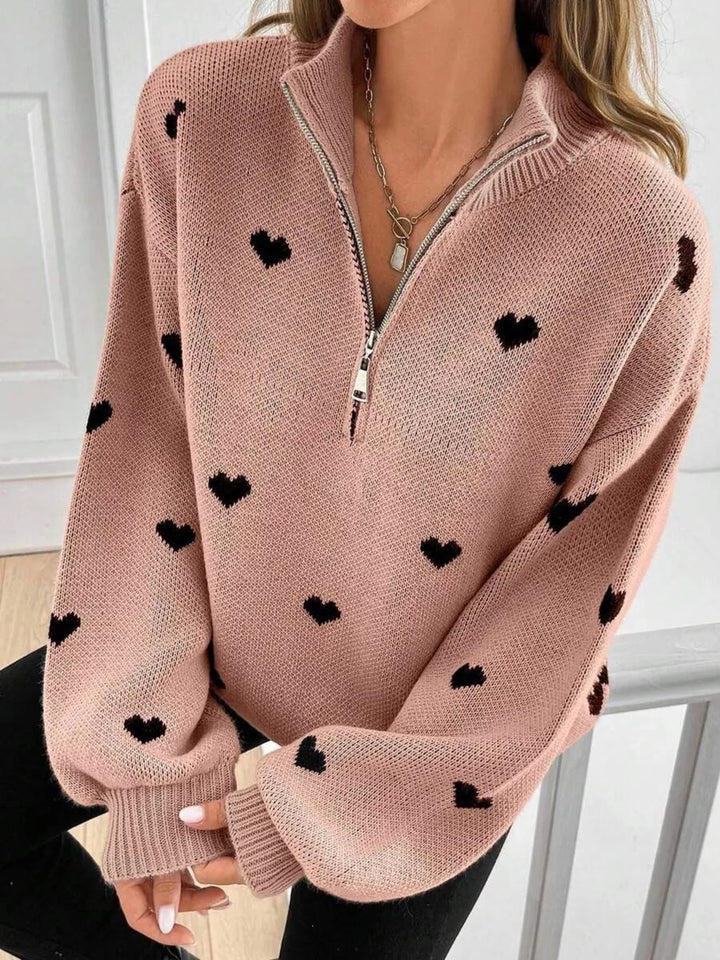 Heart print half-zip mock neck sweater with drop shoulders