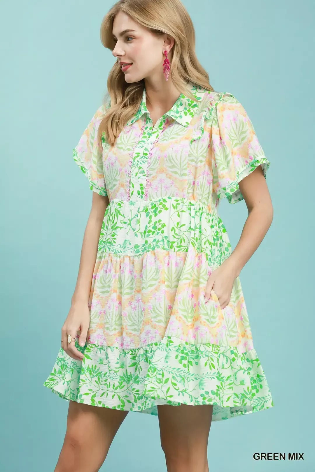 Mixed floral tiered mini shirtdress with flutter sleeves