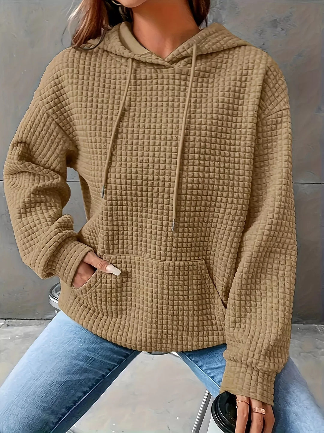 Khaki Textured waffle knit drawstring hoodie with kangaroo pocket