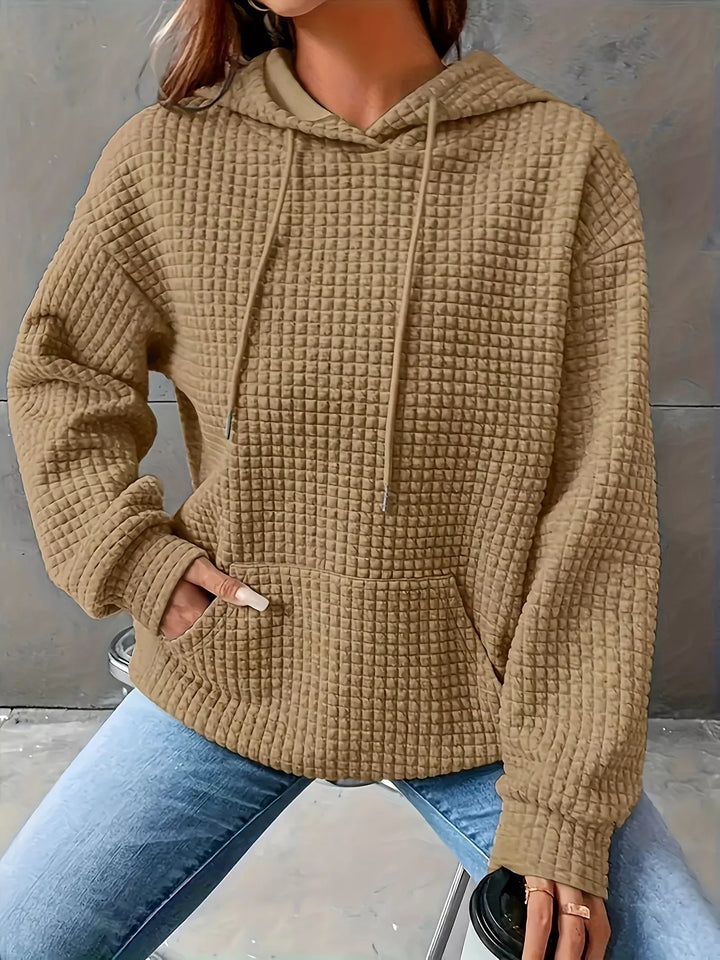 Khaki Textured waffle knit drawstring hoodie with kangaroo pocket