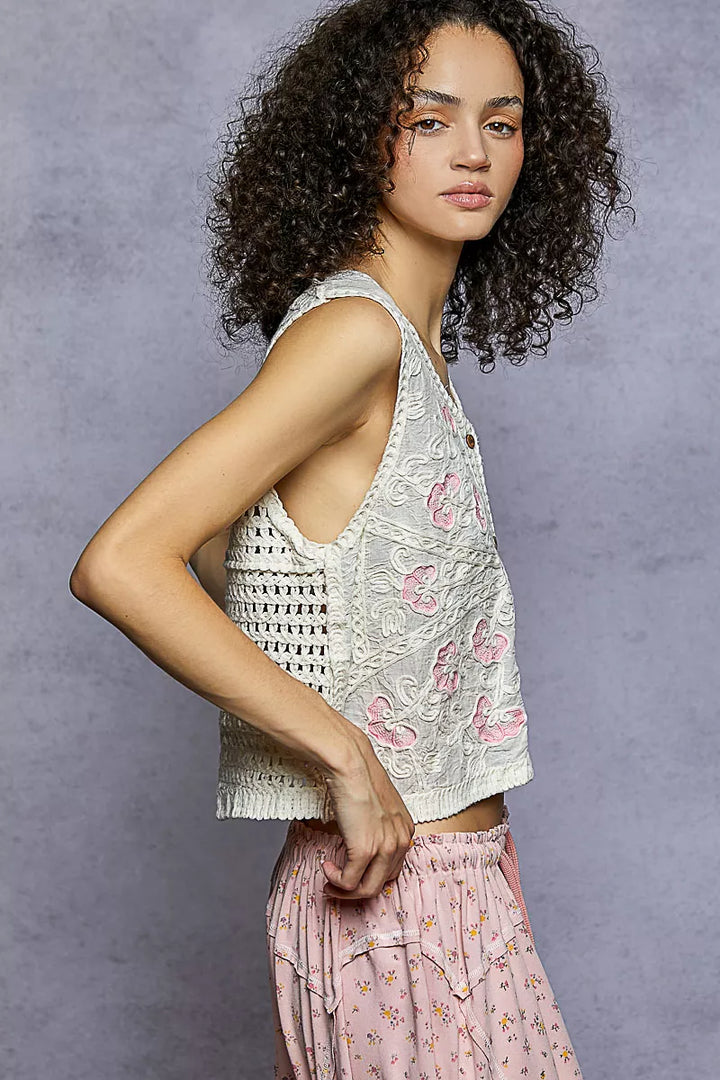 Floral embroidered button-down crop vest with crochet trim