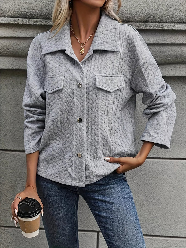 Cable-knit textured button-up jacket with chest pockets