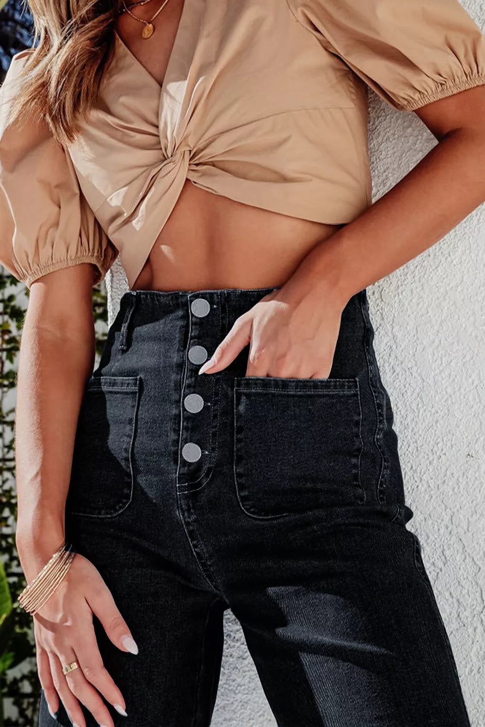 High-rise button-fly wide-leg jeans with patch pockets