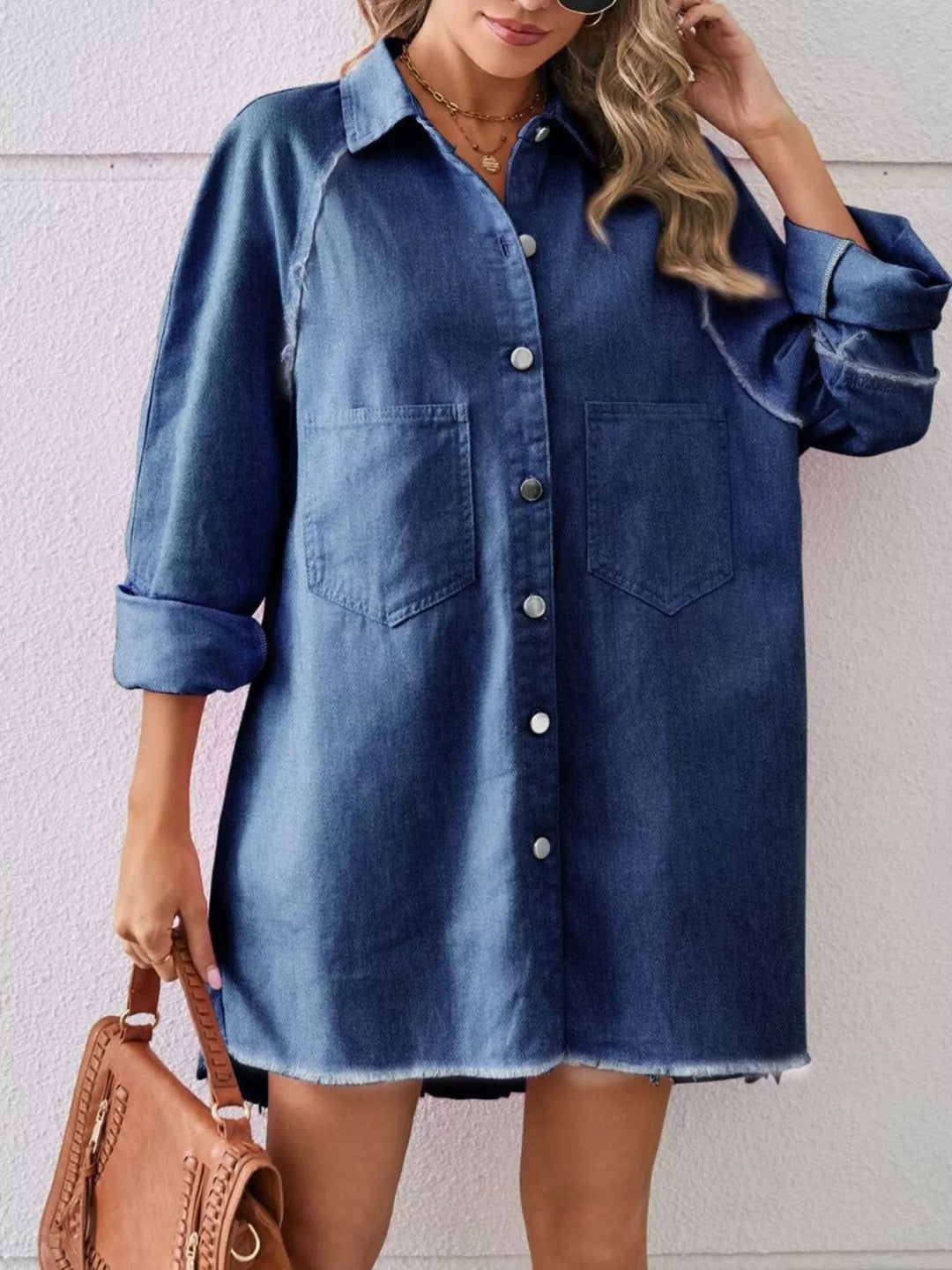 Oversized button-down raw hem denim shirt dress