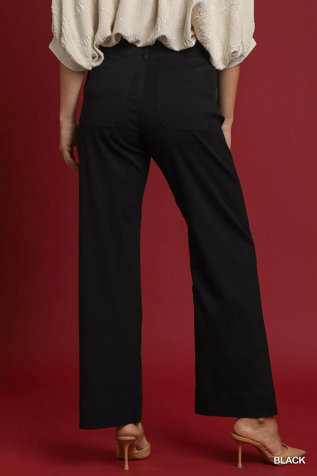 High-rise stretch straight-leg pants with button front