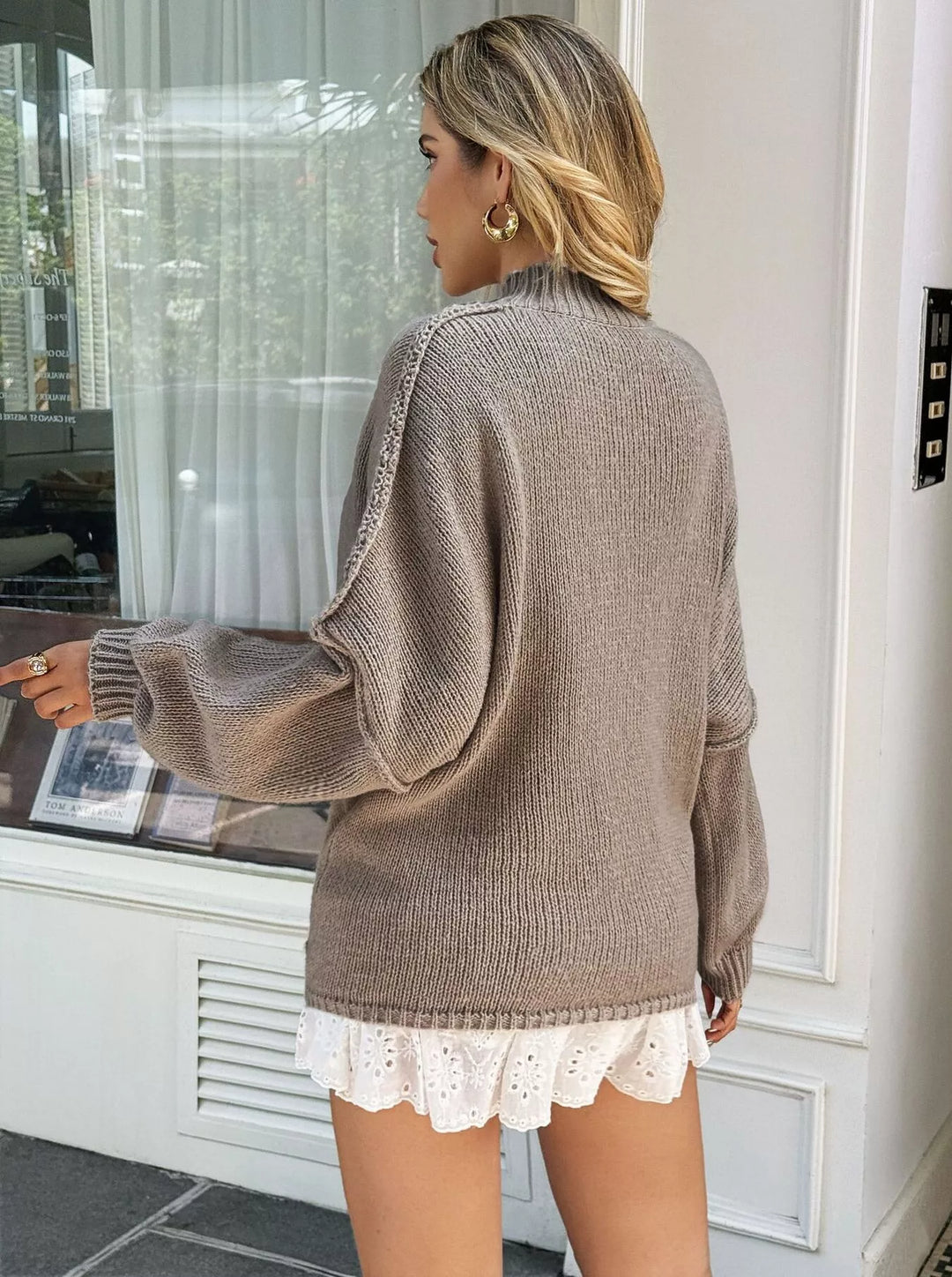 Mock neck drop shoulder oversized sweater with ribbed cuffs