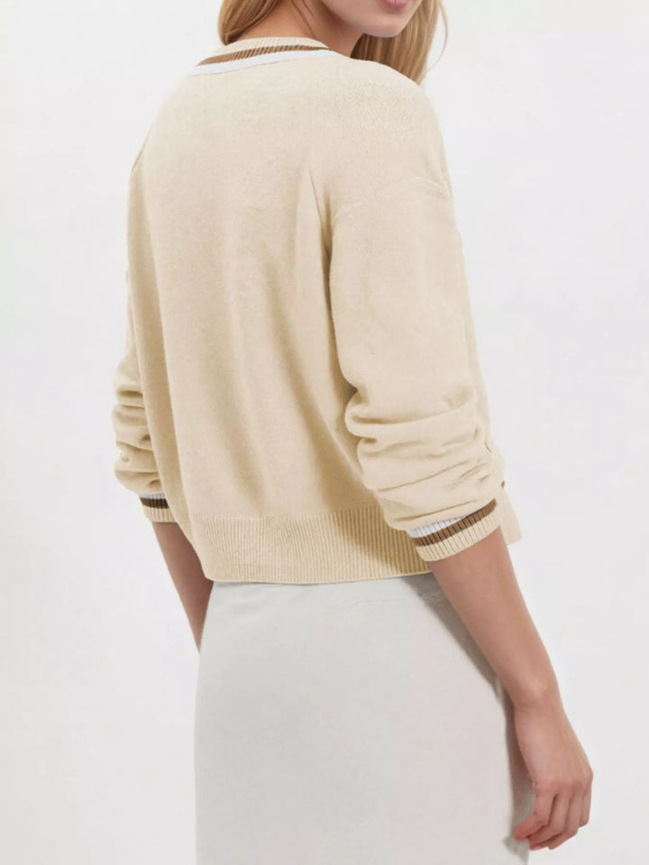Striped trim V-neck button-down knit cardigan