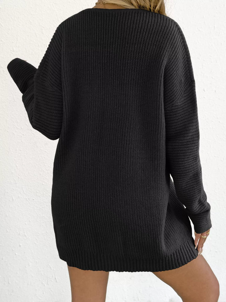 Ribbed knit V-neck sweater dress with center seam