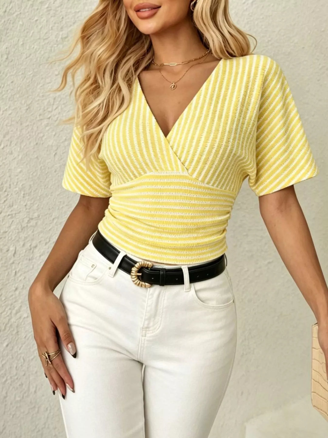 Yellow Striped surplice wrap V-neck short sleeve crop top