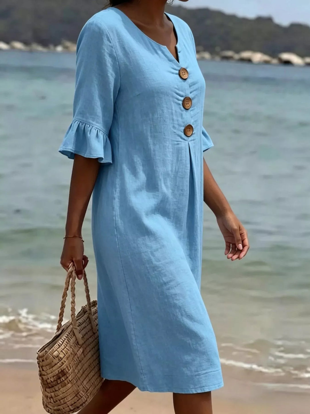 Flounce sleeve button-front pleated midi dress