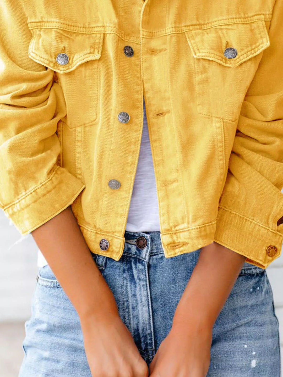 Cropped button-up denim jacket with chest pockets