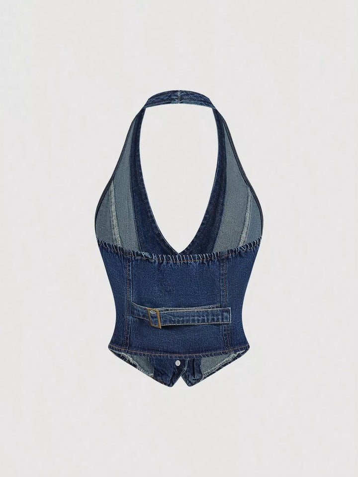 Halter denim vest and wide-leg jeans two-piece set