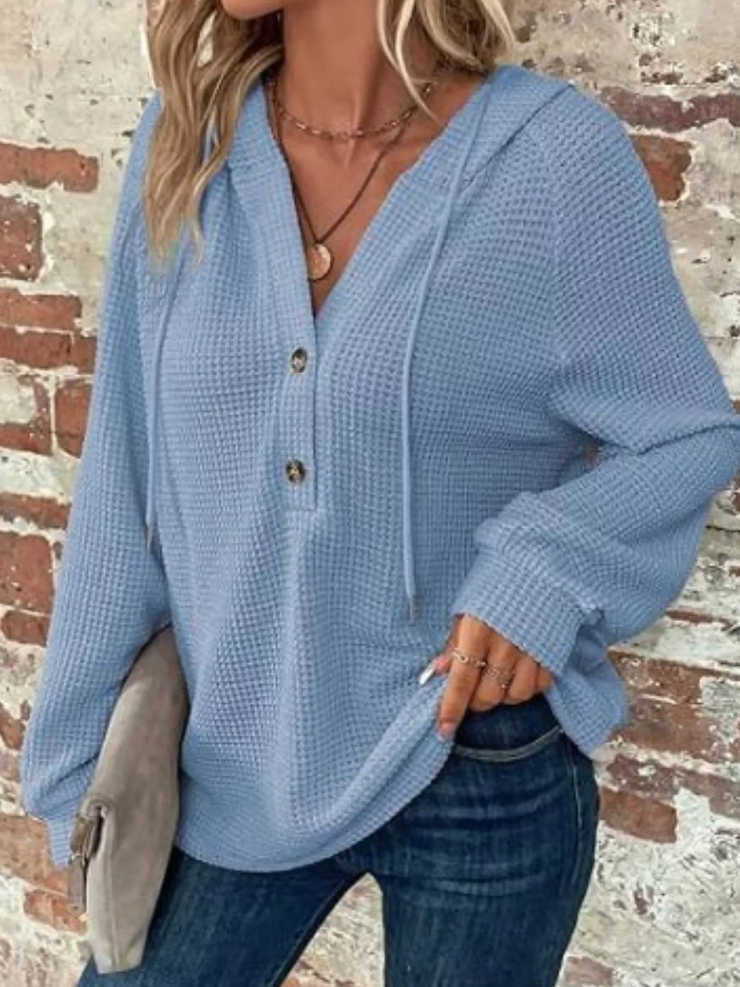 Sky Blue Waffle knit button-front hoodie with drawstring hood