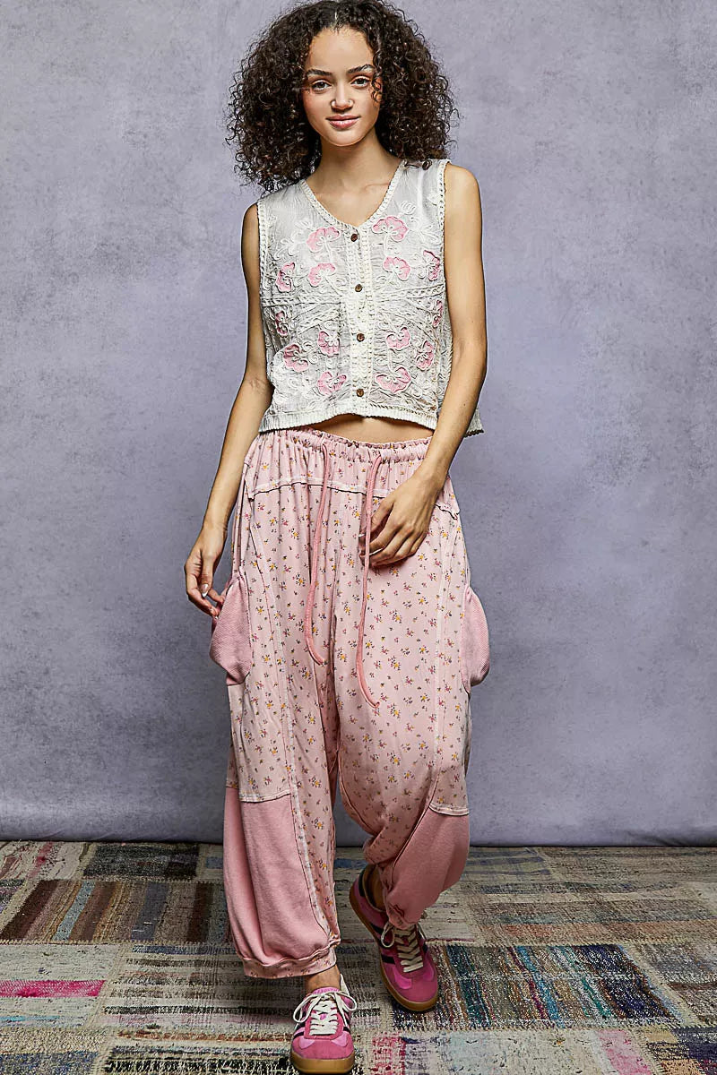Floral embroidered button-down crop vest with crochet trim