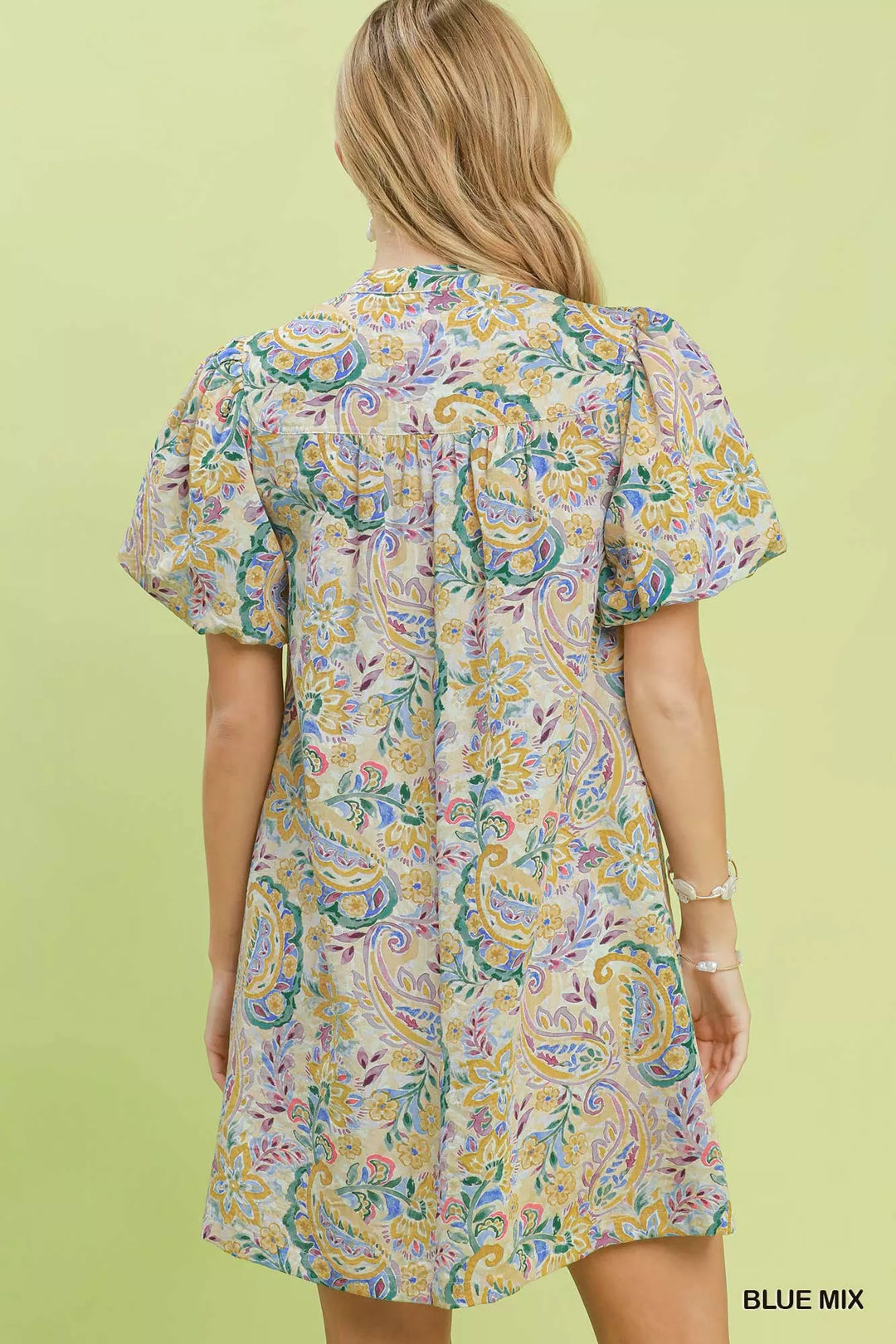 Paisley floral puff sleeve shift mini dress