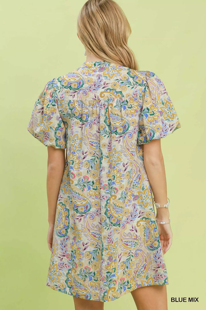 Paisley floral puff sleeve shift mini dress