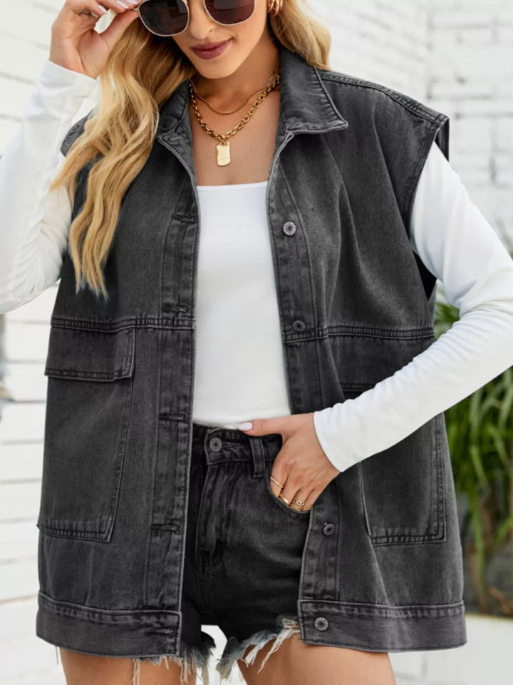 Sleeveless button-down denim vest jacket with patch pockets