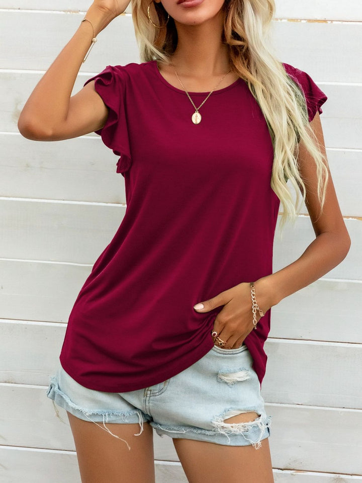 Ruffled butterfly cap sleeve round neck top