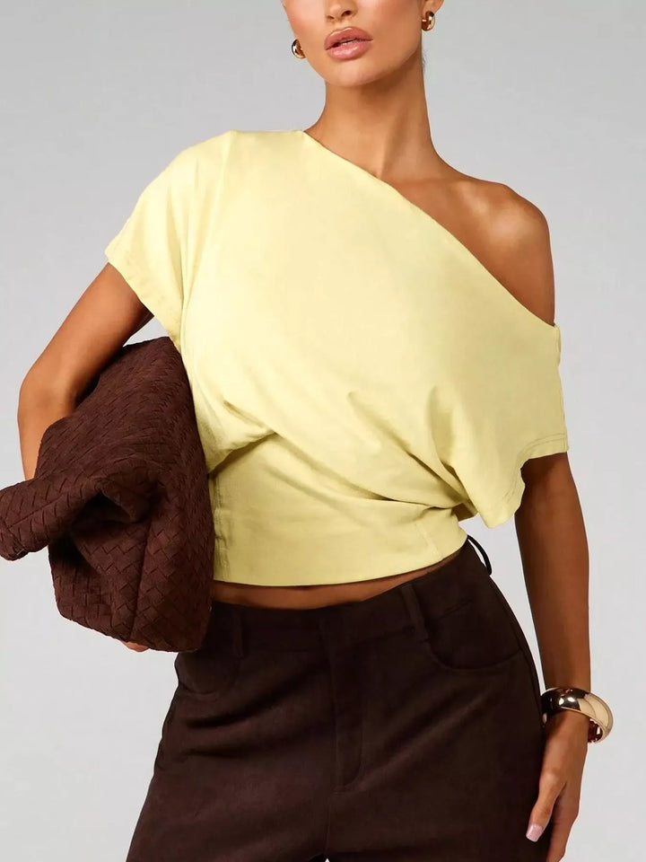 Yellow Asymmetric one-shoulder crop top with short sleeve