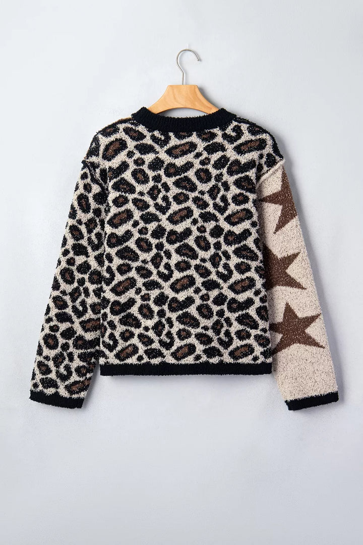 Leopard and star colorblock fuzzy knit pullover sweater