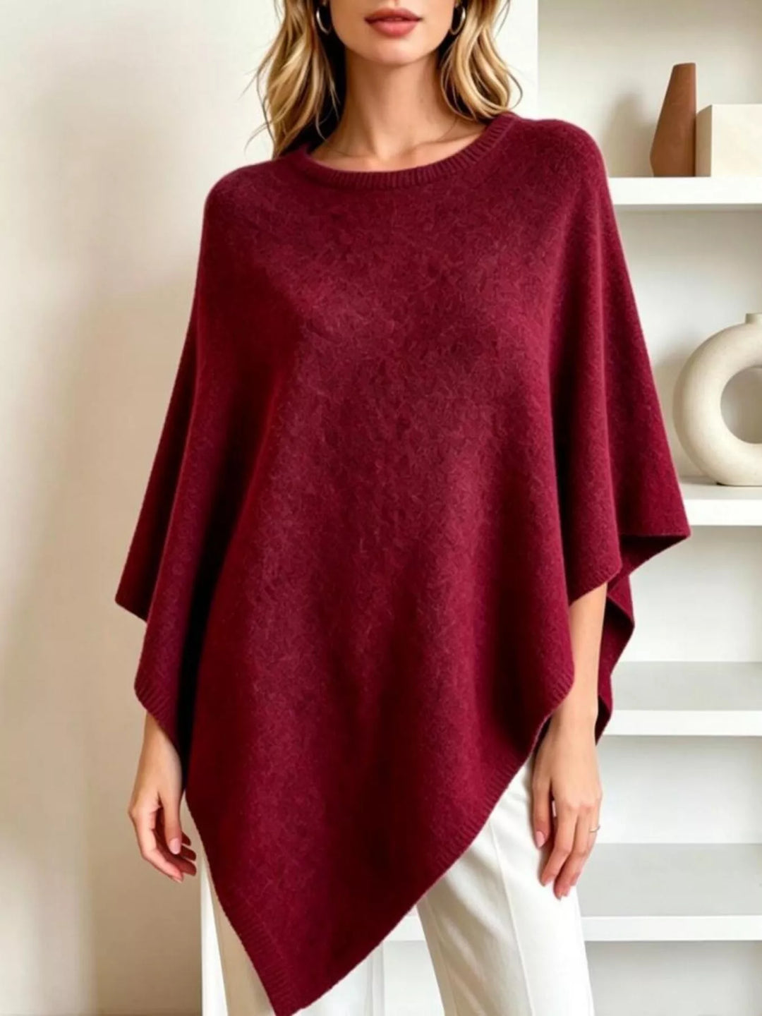 Burgundy Asymmetrical hem textured knit poncho with ribbed crew neck