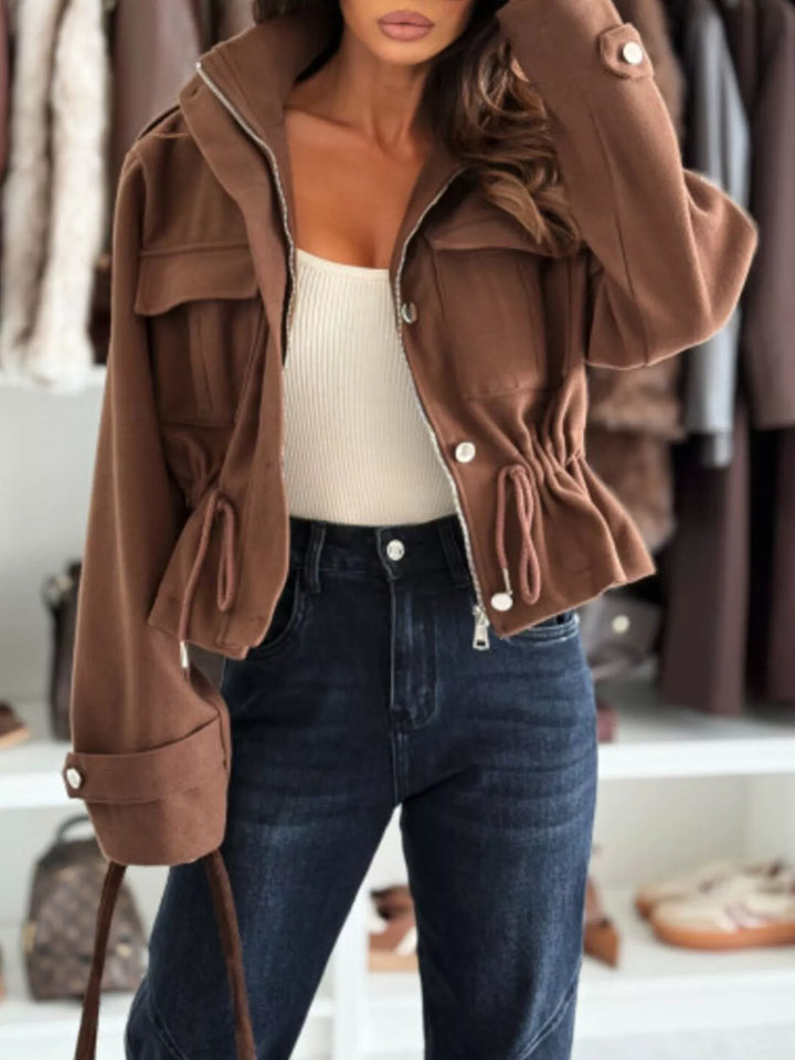 Brown Drawstring waist button-up cropped jacket