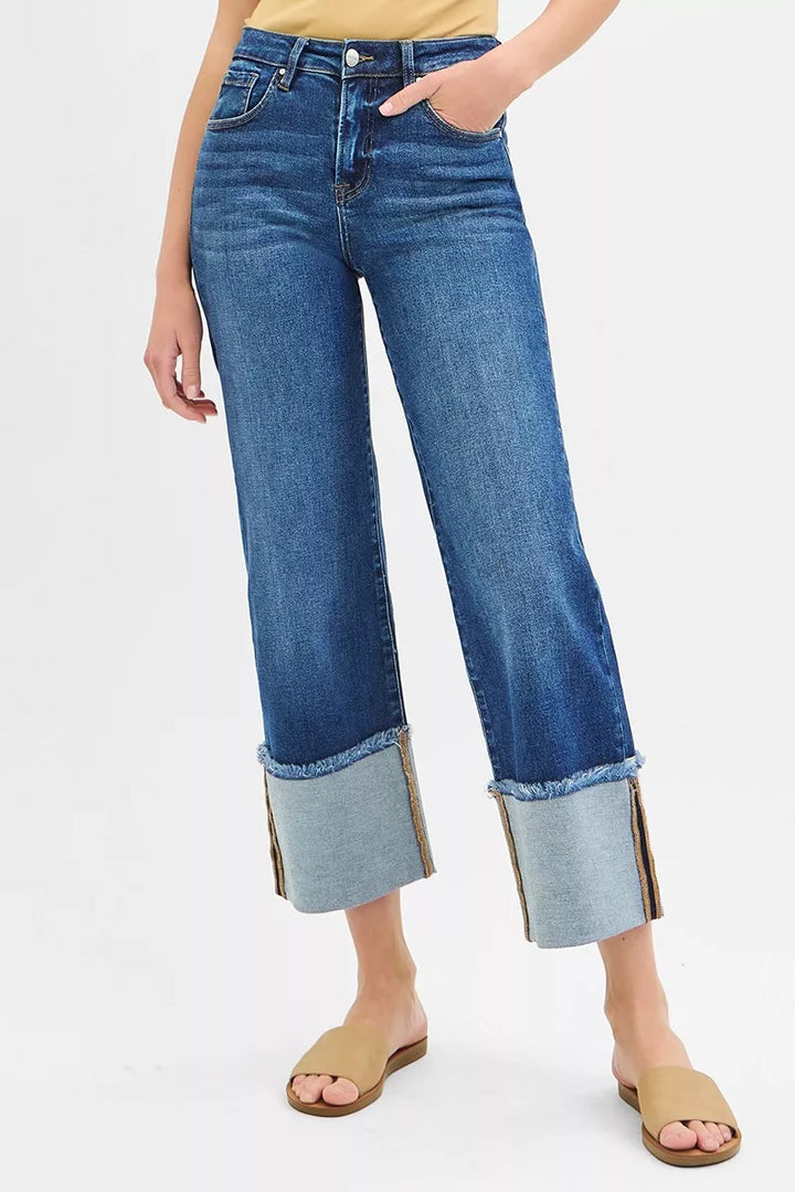 Mid-rise wide-leg crop jeans with raw-hem cuff