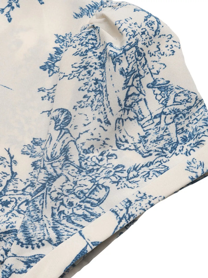 Toile print V-neck midi dress with ruched waist