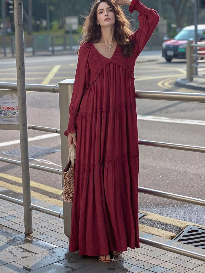 Wine Red Smocked v-neck tiered maxi dress with long sleeves