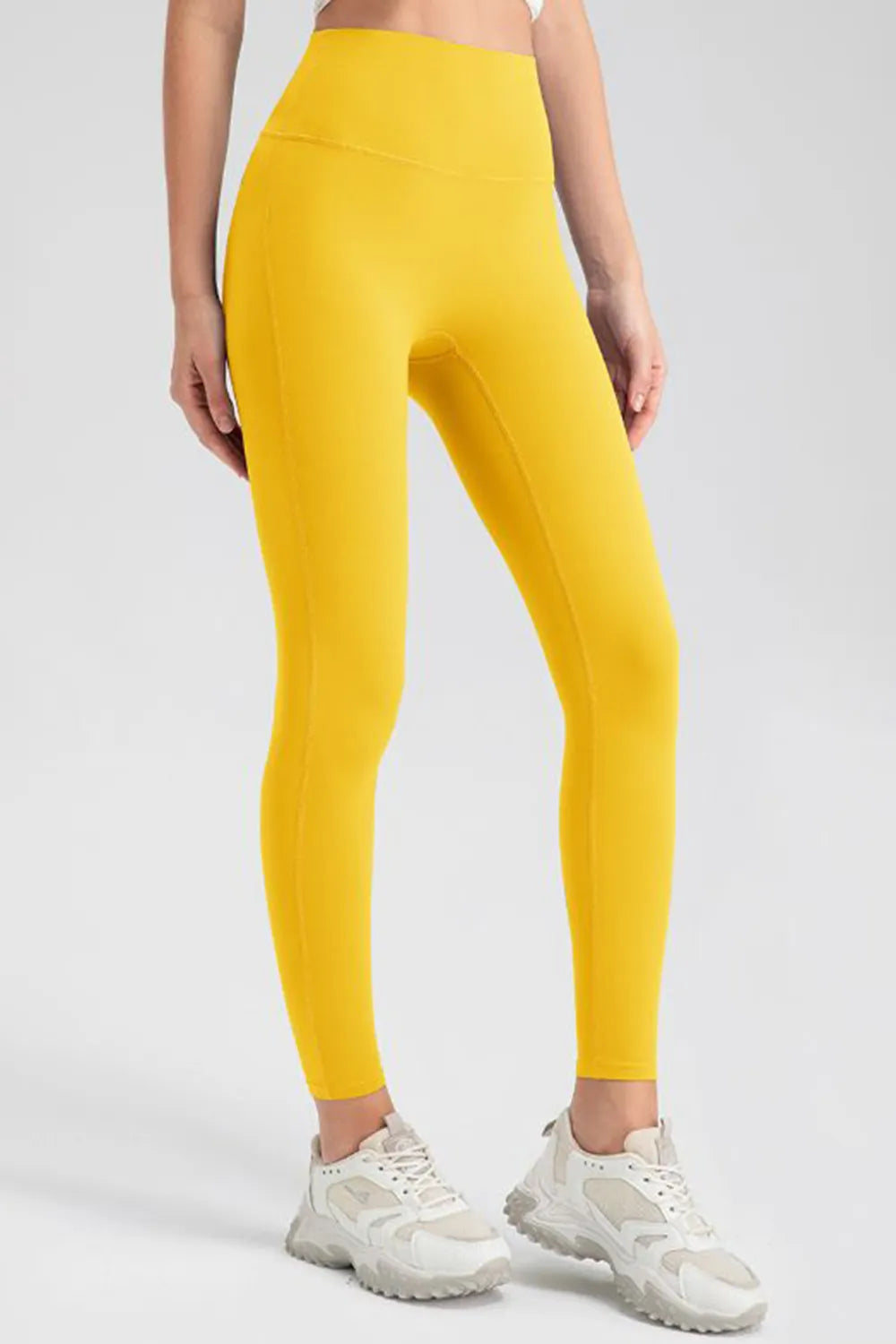 Yellow High-waisted skinny active leggings with wide waistband