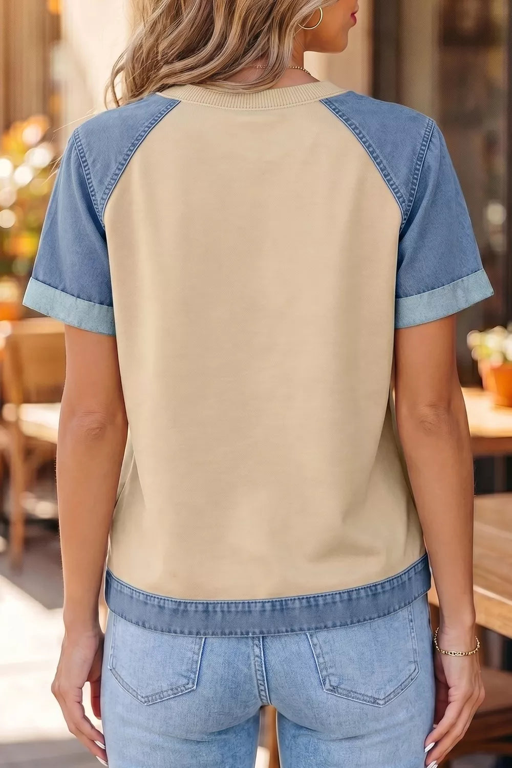 Color block denim raglan sleeve crew neck tee