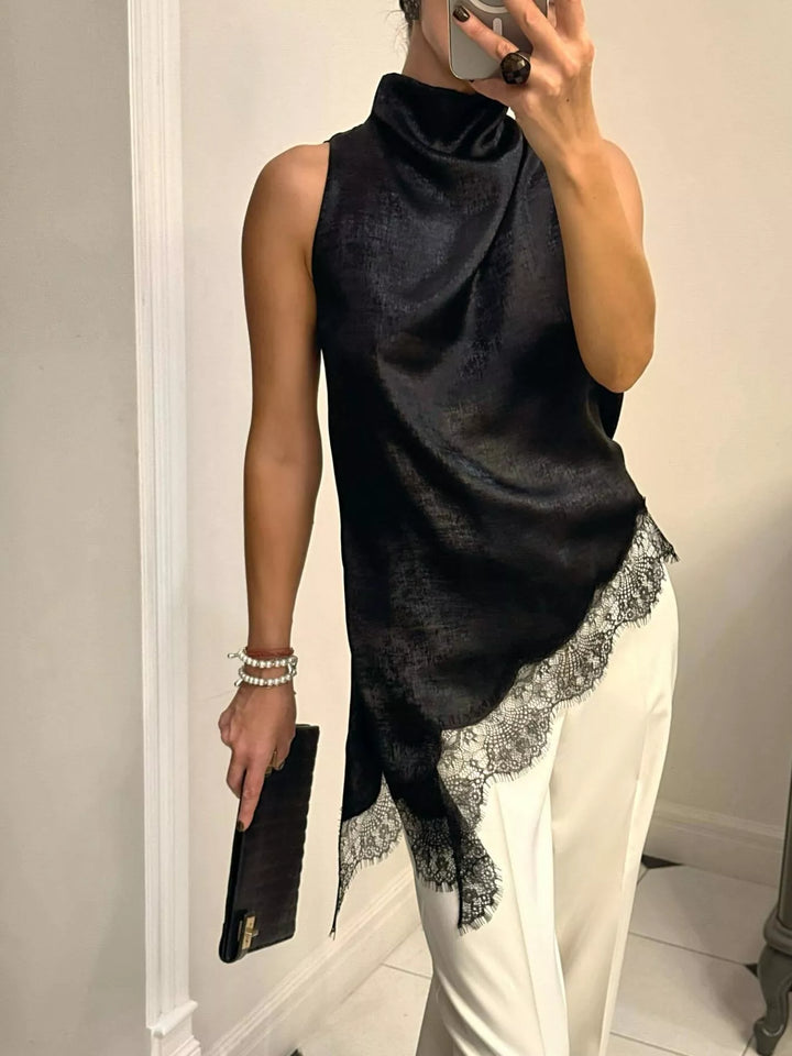 Asymmetric lace-hem satin cami with high cowl neck