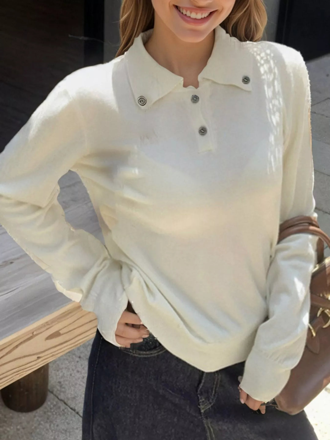 Scarf-tie collared long sleeve knit sweater