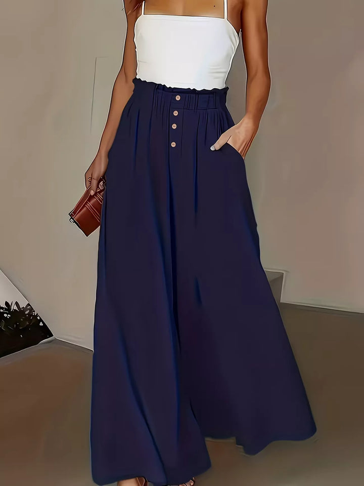 Dark Blue High-rise paper bag wide-leg pants with button front