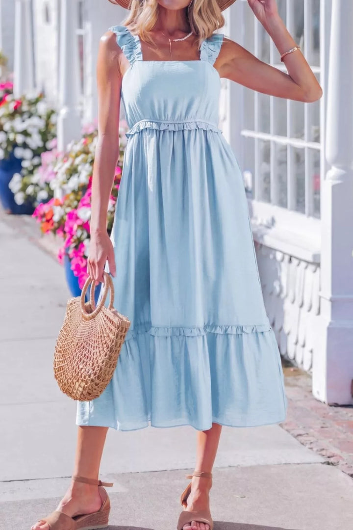 Ruffle strap square neck high waist tiered midi dress