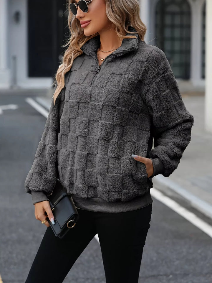 Dark Gray Checkered sherpa fleece quarter zip pullover with pockets