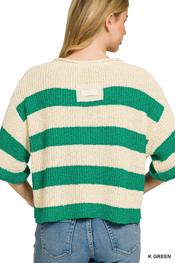 Bold stripe split-neck cropped knit sweater