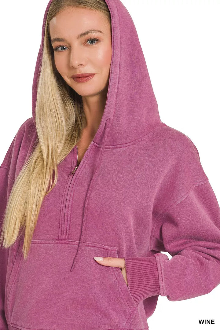 Pigment-dyed fleece half-zip hoodie with kangaroo pocket