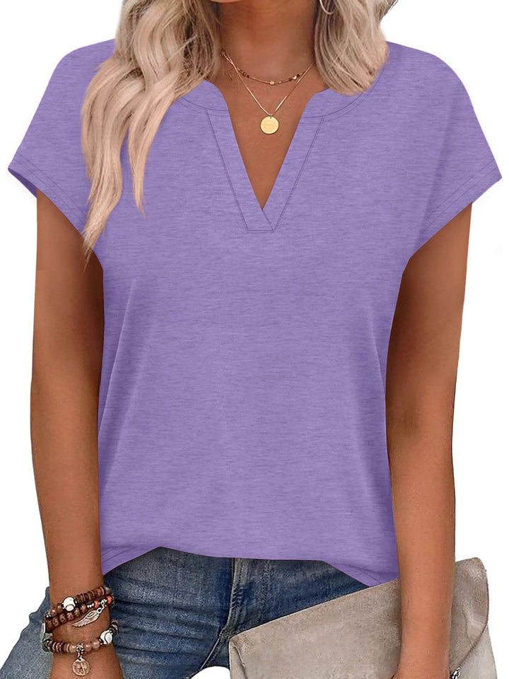 Notched V-neck short sleeve relaxed knit top