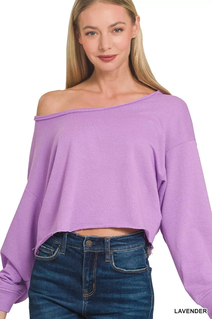 LAVENDER French terry boatneck crop top with raw hem