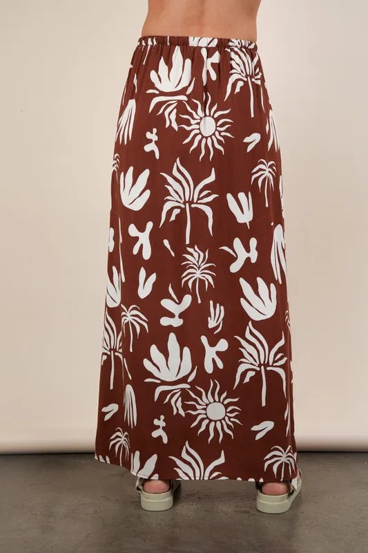 Abstract tropical print drawstring maxi skirt