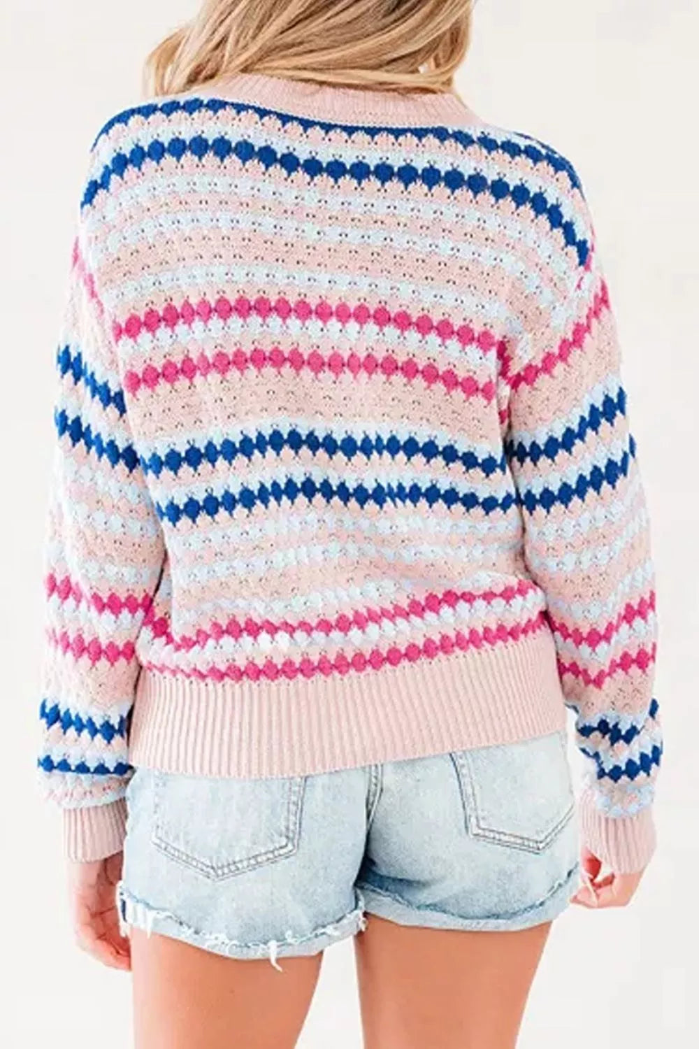 Striped pointelle knit crewneck sweater with drop shoulders