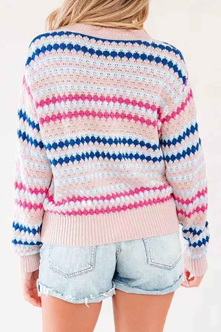 Striped pointelle knit crewneck sweater with drop shoulders