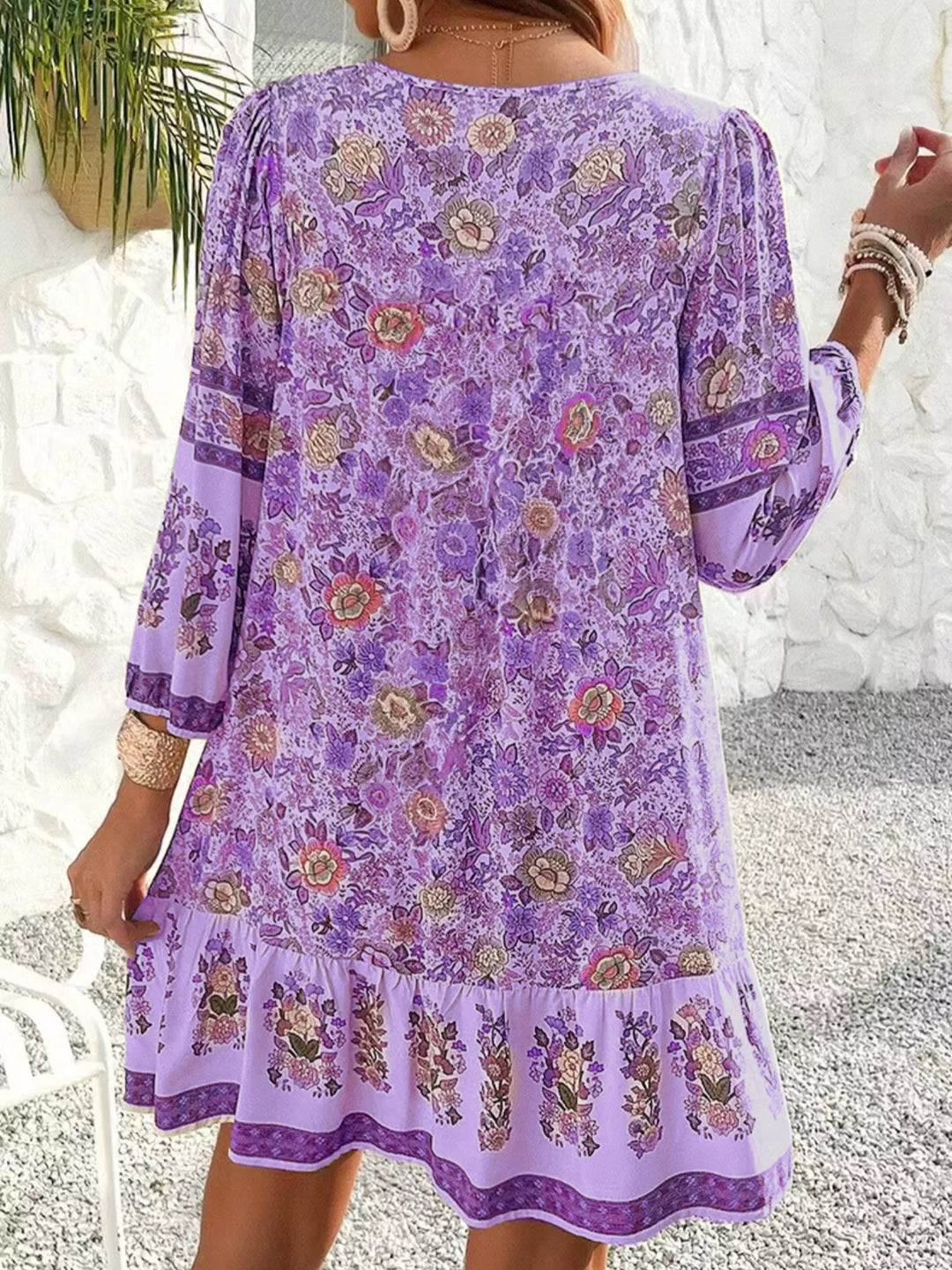 Boho floral v-neck mini dress with tassel tie and long sleeves