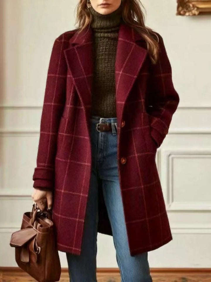 Wine Red Windowpane plaid longline single-breasted overcoat