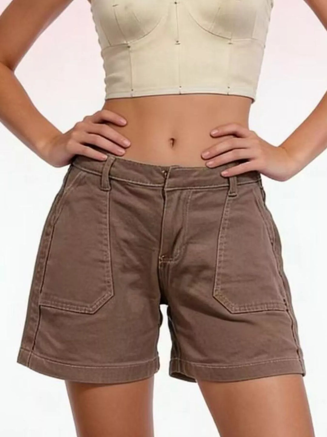 Patch pocket mid-rise denim shorts with cuffed hem