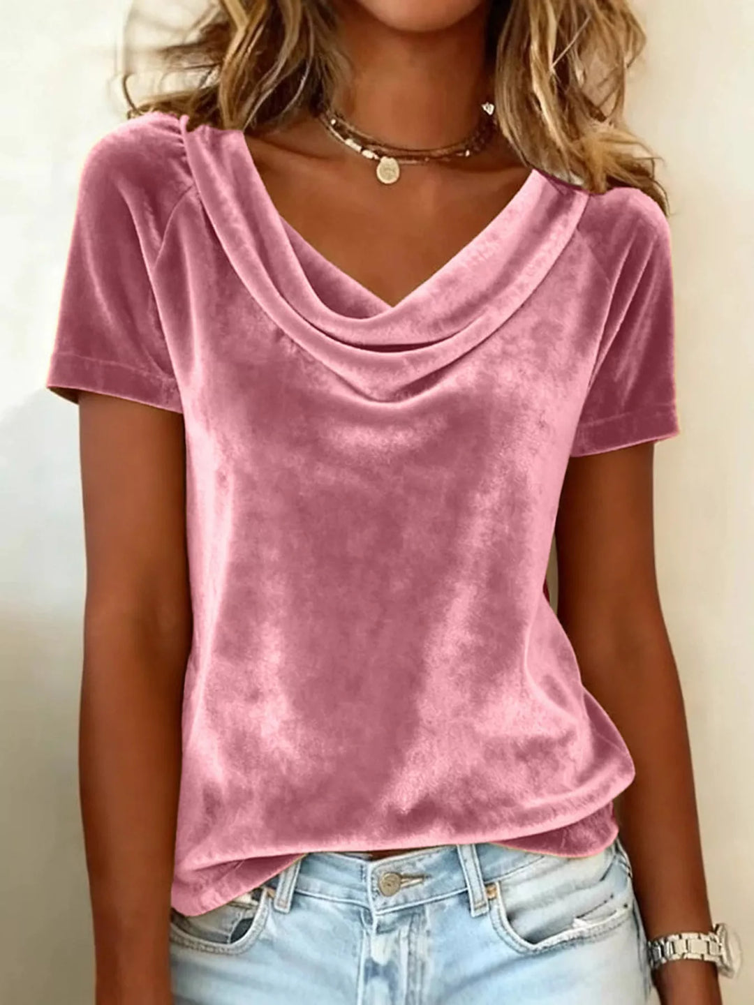 Dusty Pink Draped cowl neck velvet top with short sleeves