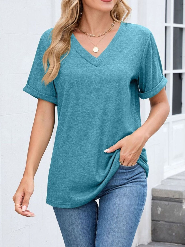 Relaxed V-neck short sleeve tee with rolled cuffs